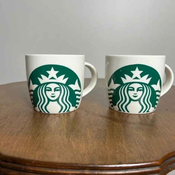Two Starbucks Mugs 2017 Offset Logo Green White EUC - Picture 1 of 5